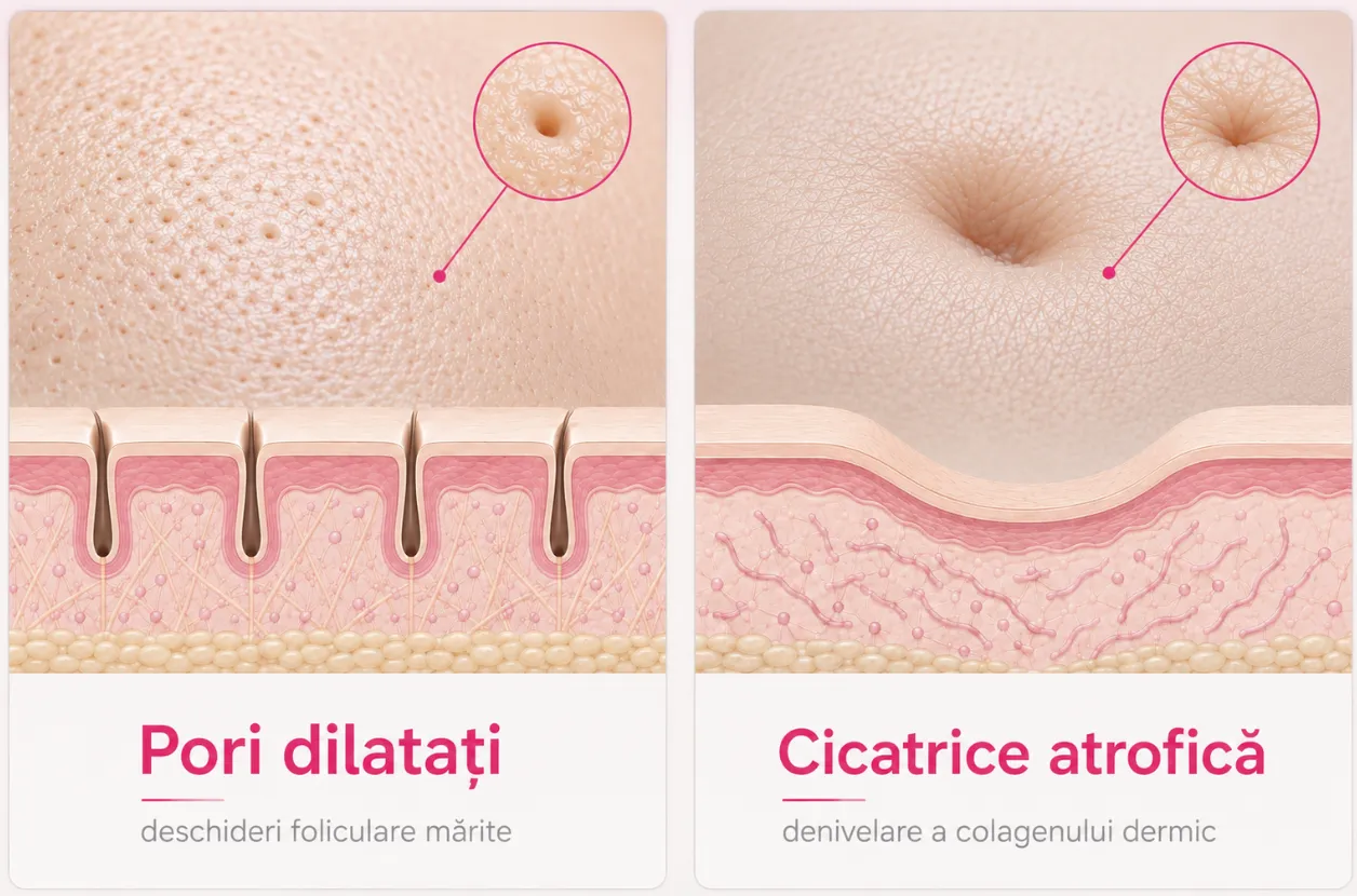 Comparație între pori dilatați și cicatrici atrofice post-acneice